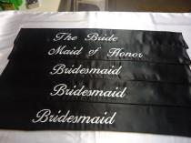 wedding photo - Weddng party sashes a set of five.. Black heavyweight satin with white embriodered thread for the whole wedding party size 36" x 36" ..
