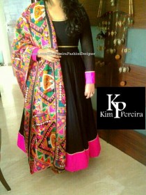 wedding photo - Black Anarkali Dress with Colourful Embroidered Dupatta and Black Chudidar Pant
