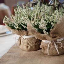 wedding photo - Rustic Wedding Decoration, burlap plant wrap with satin tie, wedding favor and dramatic centrepiece