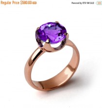 wedding photo - 20% off SALE - CUP Purple Amethyst Engagement Ring, 14k Rose Gold Amethyst Ring, Amethyst Statement Ring, Amethyst Solitaire Ring