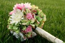 wedding photo - Pink, Green, and Cream bouquet with Roses, Peonies, Hydrangea and Gerber Daisies