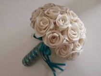 wedding photo - Made to order bridal bouquet in Ivory/Turquoise Handcrafted in beautiful satin roses