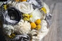 wedding photo - Gray and yellow wedding bouquet, fabric flower bridal bouquet with billi balls, craspedia, vintage sheet music and sola flower bouquet