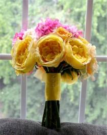 wedding photo - Yellow & Pink Bouquet - Yellow Cabbage Roses, Pink Hydrangea, and Yellow Peonies