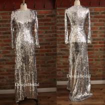 wedding photo - Eye-catching Sequined Warm Formal Dress,VIP Guest Dress for Wedding,Modest Long Sleeves Evening Gown Dress,Hot Sale Sparkle Dress Silver