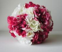 wedding photo - Silk Wedding Bouquetk, Silk Bride Bouquet,Hot Pink and White, Roses, Dahlias, Hydrangeas, Keepsake Bouquet Bridesmaid Bouquet