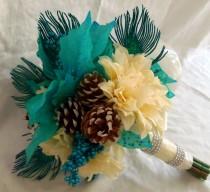 wedding photo - Winter Wedding Bouquet-Peacock Feather Poinsettia Pinecone Bridal Bouquet- Made to Order