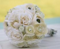 wedding photo - Silk Bride Bouquet Cream Roses Ranunculus