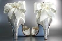 wedding photo - Wedding Shoes -- Light Ivory Peep Toe Wedding Shoes with Rhinestones and Matching Bow