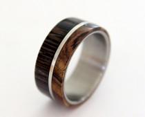 wedding photo - Stainless steel ring with wenge and cocobolo wood inlay off-center style