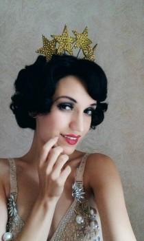 wedding photo - Stardust - tiara headdress, wedding, burlesque, circus. Gold on black.