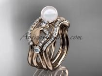 wedding photo -  14k rose gold diamond pearl leaf engagement ring with double matching band AP68S