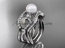 wedding photo -  platinum diamond pearl leaf engagement ring with double matching band AP68S