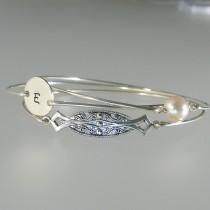 wedding photo - Wedding Jewelry Bracelet Set, Bridesmaid Gift,  Personalized Bangle, Pearl Silver Bracelet, Bridesmaid Gift, Bridesmaid Jewelry (S249S,)