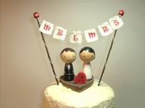 wedding photo - Custom Kokeshi Wedding Cake Topper with Base, Bunting and Heart, Love Bunting, Mr and Mrs Bunting