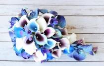 wedding photo - Wedding Picasso Purple Blue and Turquoise Bride Cascade Teardrop Bouquet - Calla Lilies and Orchids