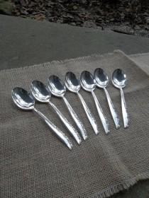 wedding photo - 7 Silver Spoons Vintage Flatware BRITTANY ROSE Antique Silver Plate Flatware Dessert Spoons Wedding Table Settings French Country Prairie