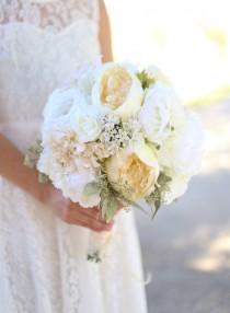 wedding photo - Silk Bride Bouquet White Cream Roses Peonies Wildflowers Natural Bouquet Shabby Chic Vintage Inspired Rustic Wedding