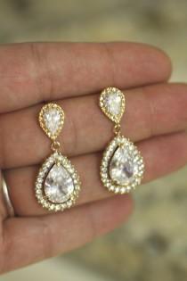 wedding photo - Drop Earrings- Swarovski crystal Gold bridal  earrings
