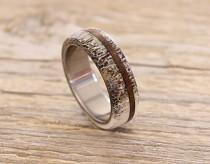 wedding photo - Titanium ring with antler and oak wood inlays off-center