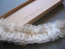 wedding photo - Emile - Ivory Lace Garter with Tulle - Adorned with Vintage Pearls