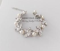 wedding photo - Wedding Bracelet - Bridal Bracelet, Swarovski Crystals, Swarovski Pearls, Leaf Bracelet, Pearl Bracelet, Crystal Bracelet - JUNIPER