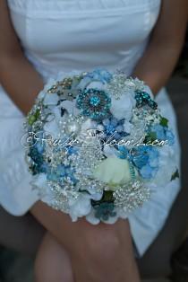 wedding photo - Wedding brooch bouquet. Blue Jewelry "Something Blue" Bouquet, Crystal rhinestone Capri Blue Bridal broach bouquet by Ruby Blooms