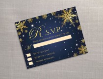 wedding photo -  DIY Printable Wedding RSVP Template | Editable MS Word file | 5.5 x 4.25 | Instant Download | Winter Gold Snowflakes Royal Navy Blue