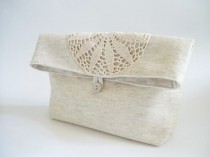 wedding photo - Foldover Wedding Clutches, Rustic Handbags, Linen and Lace Purses, Ivory Bridal Bags with Crochet, Set of 3