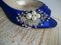 wedding photo - Blue Wedding Shoes - Peep Toe Heels - Pearls And Crystals - Choose From Over 200 Colors - Choose Your Heel Height - Something Blue Shoes