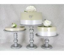 wedding photo - 3 Silver Cake Stands Set. Round Wooden & Rhinestone. Party Cupcake Display. Wedding Cake Plate. Cake Table Decor Wedding Cake Stand. Holiday