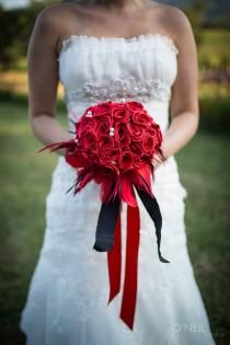 wedding photo - Red & Black Rose Bridal Bouquet with Feathers and Pearls