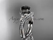 wedding photo -  14kt white gold diamond leaf and vine engagement ring set with a Black Diamond center stone ADLR112S
