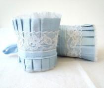 wedding photo - Pale Dusk Blue Acqua Dupioni Silk Ruffle Cuff with White Vintage  Lace - Set of 2 - Wedding Cuffs - Something Blue - by OnePerfectDay