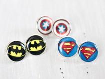 wedding photo - Wedding earrings studs - set of 3 Bridesmaid gifts - Comic Superhero - Superman, Batman, Captain America
