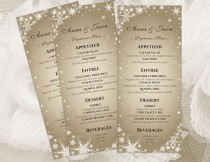 wedding photo -  DIY Printable Wedding Menu Template | Editable MS Word file | 4 x 9.25 | Instant Download | Winter White Snowflakes Champagne Gold