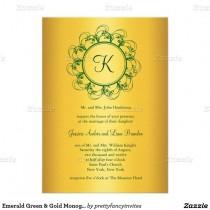 wedding photo - Emerald Green & Gold Monogram Wedding Invitation