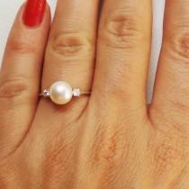 wedding photo - Pearl and Diamonds Engagement Ring, Pearl and Diamonds Gold Ring, Art Nouveau Gold Ring, Vintage Ring, Wedding Band