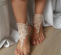 wedding photo -  Champagne Barefoot , french lace sandals, wedding anklet, Beach wedding barefoot sandals, embroidered sandals.