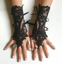 wedding photo - Black or ivory lace gloves french lace bridal lace wedding fingerless gothic gloves black camarilla burlesque vampire glove guantes 250