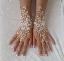 wedding photo - Ivory gold frame wedding gloves bridal gloves lace gloves fingerless gloves ivory gloves free ship