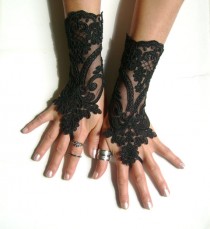wedding photo - Black lace gloves french lace bridal gloves lace wedding fingerless gloves black gloves burlesque vampire glove