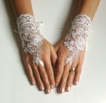 wedding photo - Lace bridal glove ivory glove silver cord
