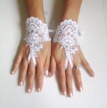 wedding photo - White Wedding gloves free ship bridal lace fingerless french lace arm warmers mittens cuff gauntlets fingerloop