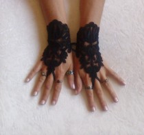 wedding photo - Black lace gloves french lace bridal gloves lace wedding fingerless gothic gloves black camarilla gloves burlesque vampire glove guantes