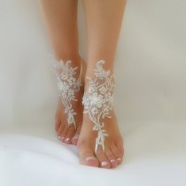 wedding photo -  ivory Barefoot silver frame french lace sandals wedding anklet Beach wedding barefoot embroidered shoes handmade bridesmaid accessories