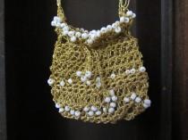 wedding photo - Crochet golden neck bag, crochet necklace romantic pouch, Bridal neck pouch
