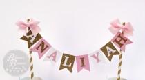 wedding photo - Personalized Cake Bunting Banner Topper, White Gold Glitter and Pink Card Stock with Pink Ribbon on White and Gold Paper Straws