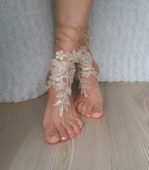wedding photo -  Champagne Barefoot , french lace sandals, wedding anklet, Beach wedding barefoot sandals, embroidered sandals.