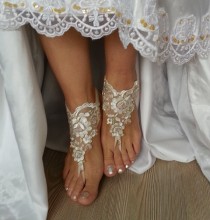 wedding photo -  ivory gold frame Beach wedding barefoot sandals, Ivory Barefoot Sandals, Sexy, Yoga, Anklet , Bellydance, Steampunk, Beach Pool